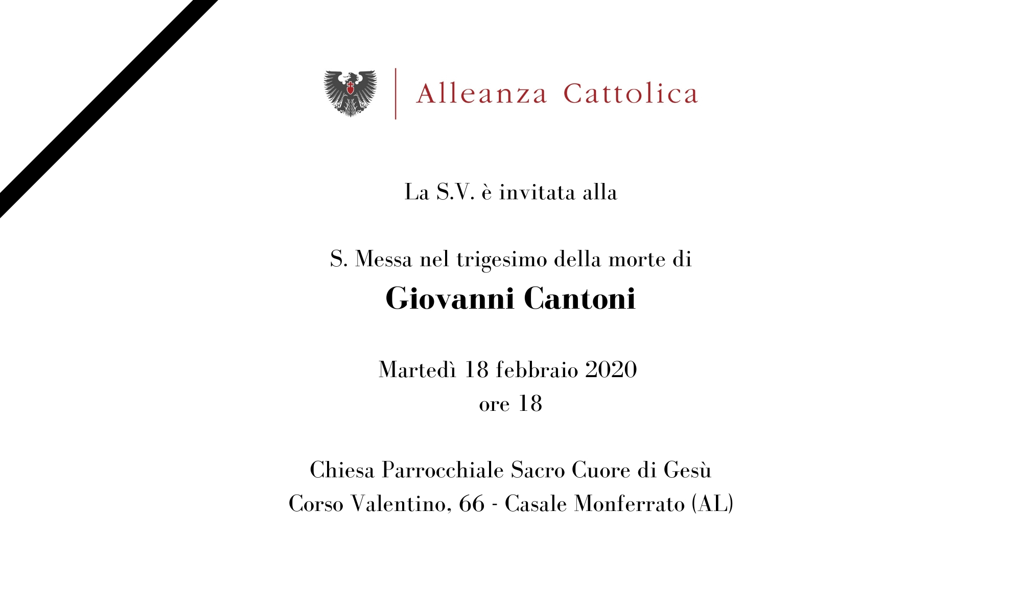 Giovanni Cantoni: Messa in suffragio a Casale Monferrato