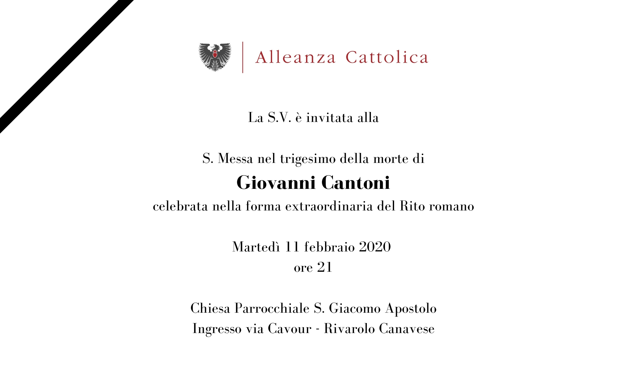Giovanni Cantoni: Messa in suffragio a Rivarolo Canavese