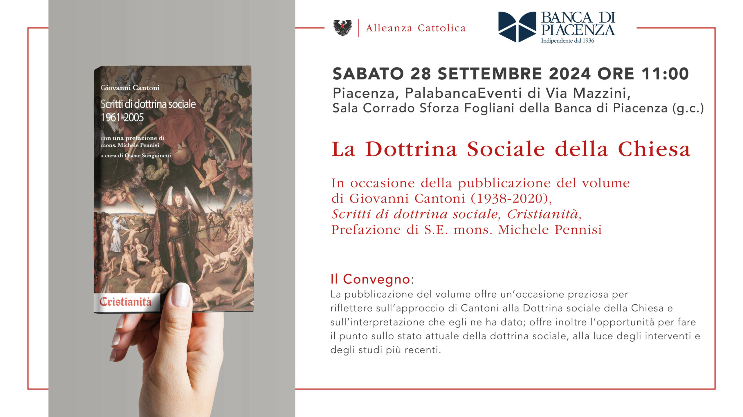 28 settembre 2024 - Piacenza, Palabanca Eventi di Via Mazzini, La Dottrina Sociale della Chiesa - pubblicazione del volume di Giovanni Cantoni